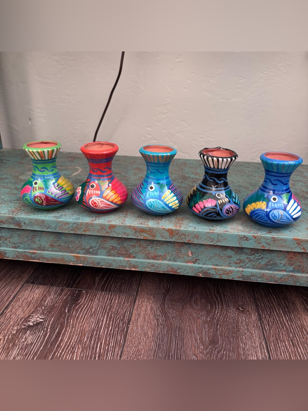 Set Of 5 Hand Painted Mexico Multicolor Abstract Ceramic Bud Mini Vases 3.5”x3”